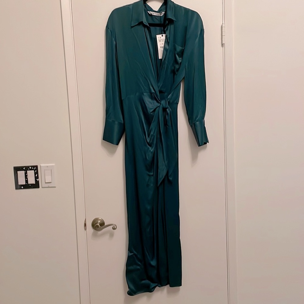 Zara hunter green satin effect wrap dress, size M